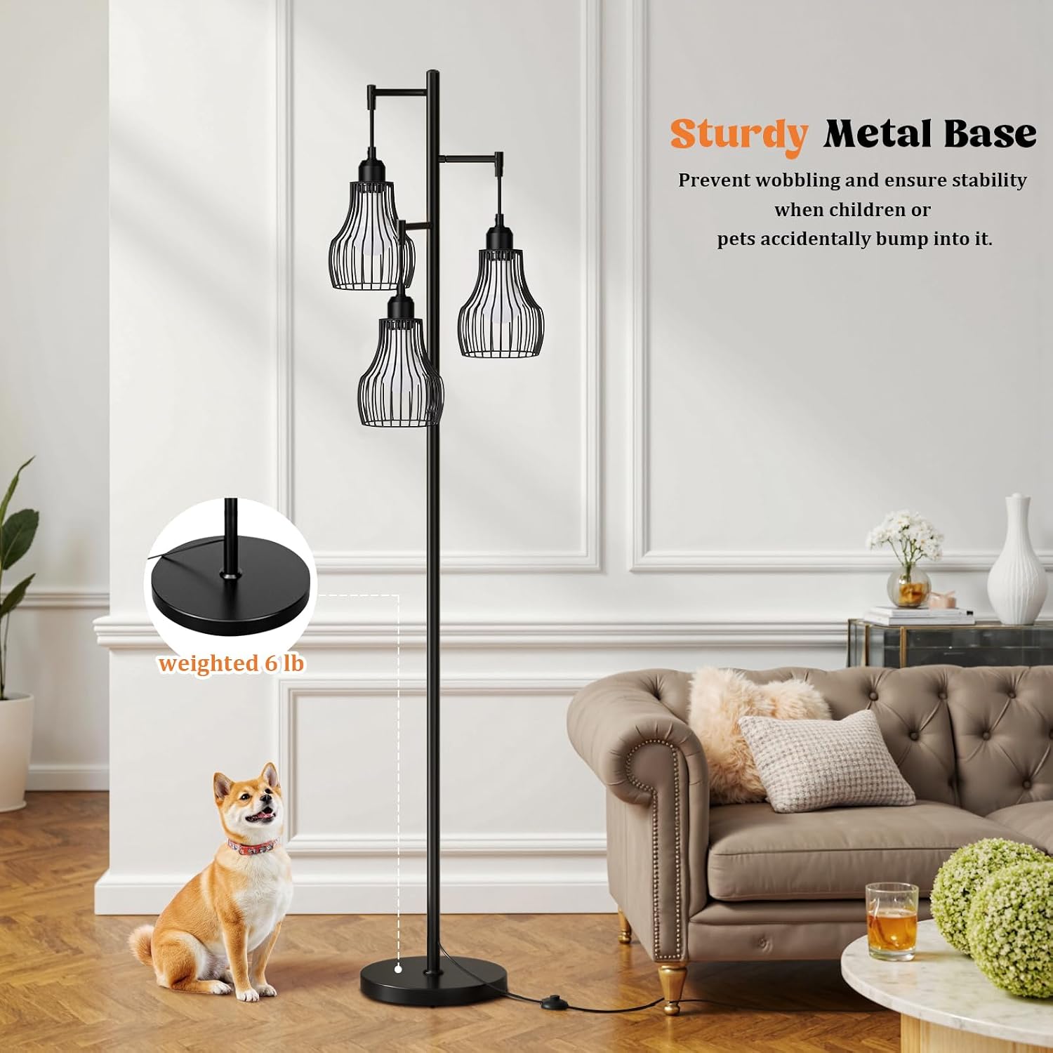 Ziisee Dimmable Floor Lamps for Living Room, Farmhouse Tree Standing Tall Lamp with Remote Control 3 Elegant Cage Shade LED Bulbs for…