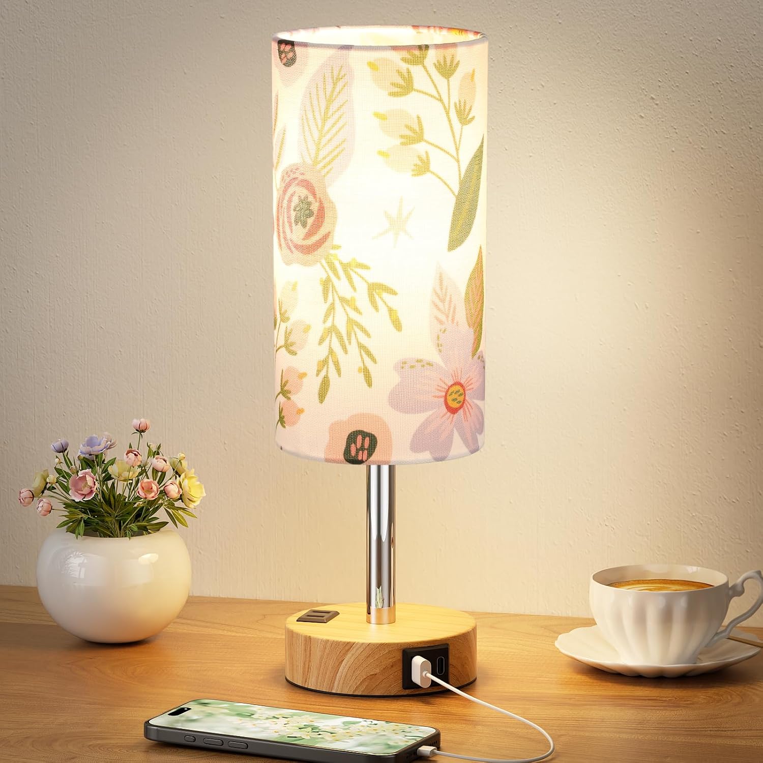 Fenmzee Floral Touch Lamp for Bedroom- 3 Way Dimmable Bedside Lamp USB C A Charging Ports and AC Outlet, Small Table Lamp Floral Linen…
