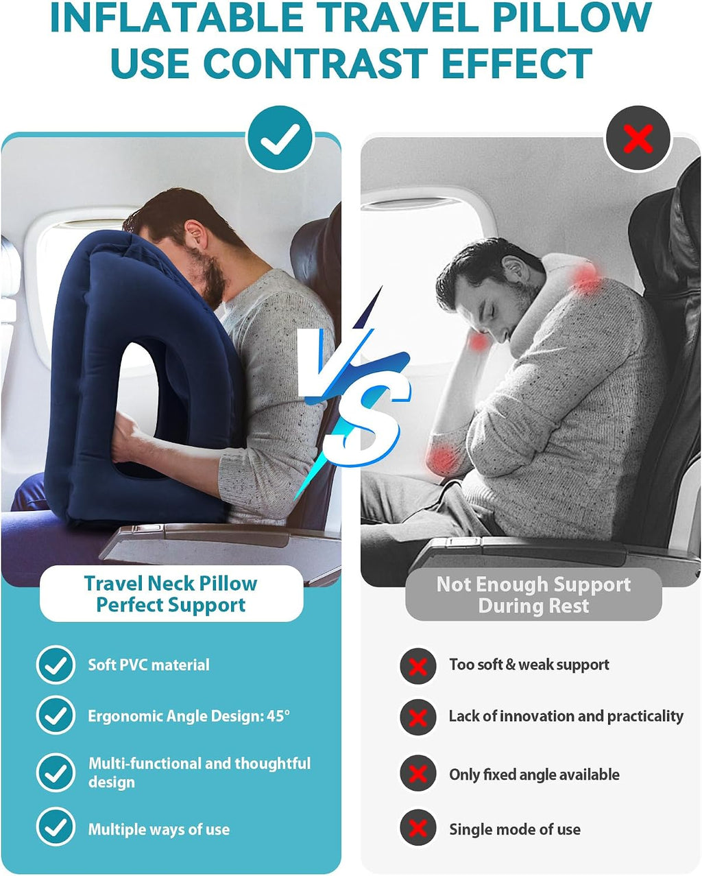 Inflatable Travel Pillow, Airplane Neck Pillow Comfortably Supports Head and Chin for Airplanes, Trains, Cars and Office Napping with 3D…
