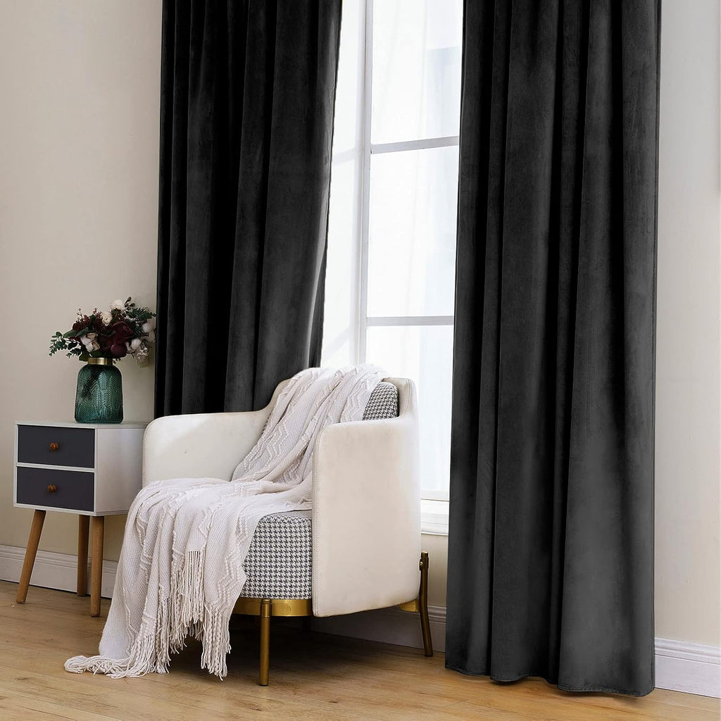 Miulee Black Velvet Curtains 84 inches 2 Panels - Luxury Blackout Curtains for Bedroom Living Room Thermal Insulated Super Soft Window Drap…