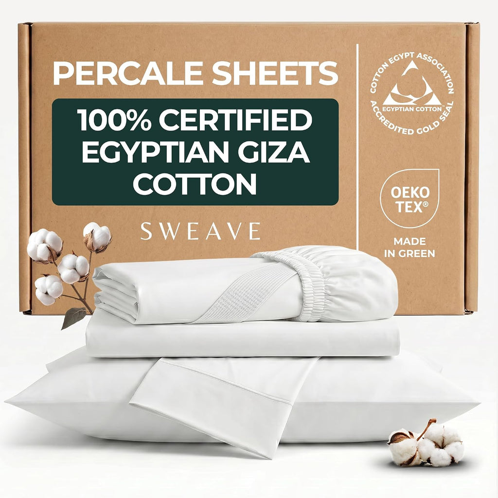 SweaveBedding 100% Egyptian Cotton Percale Sheets Queen Size - Genuine Luxurious 400 Thread Count - Naturally Crisp, Breathable, Skin-Frien…