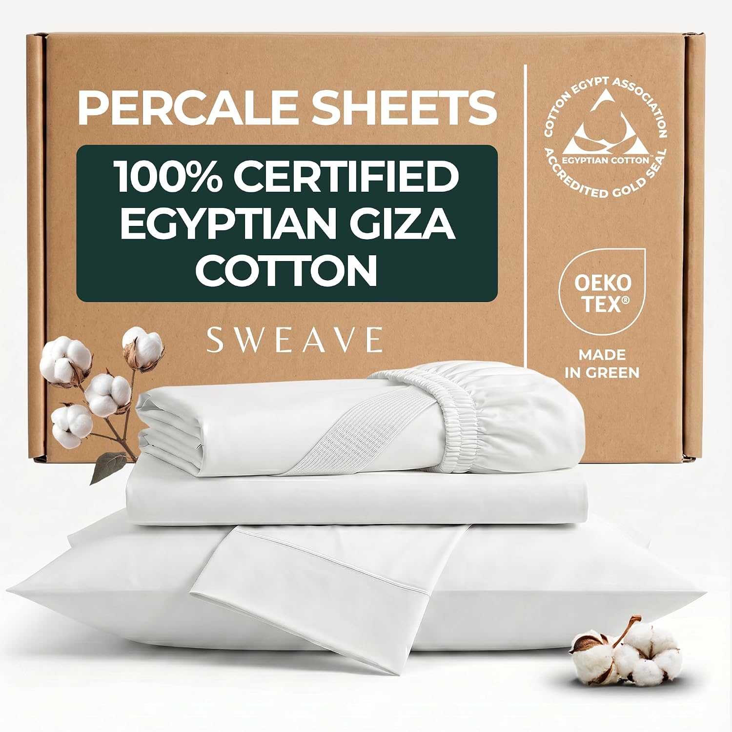 SweaveBedding 100% Egyptian Cotton Percale Sheets Queen Size - Genuine Luxurious 400 Thread Count - Naturally Crisp, Breathable, Skin-Frien…