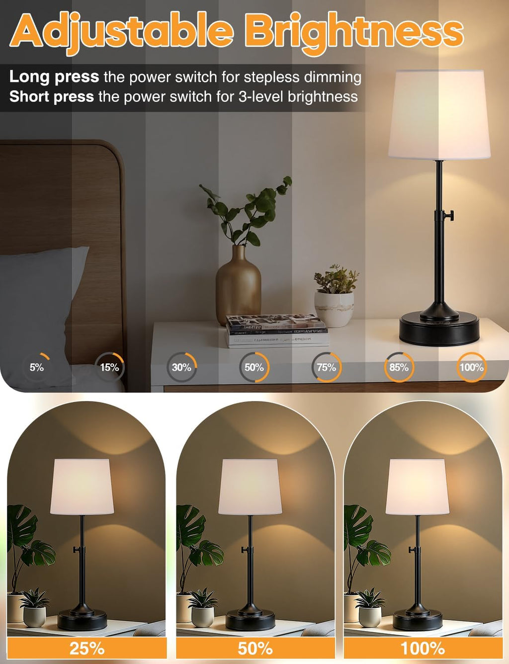 Height Adjustable Cordless Table Lamp Rechargeable with Timer, 3-Way & Stepless Dimmable LED Battery Operated Table Lamp, Wireless…
