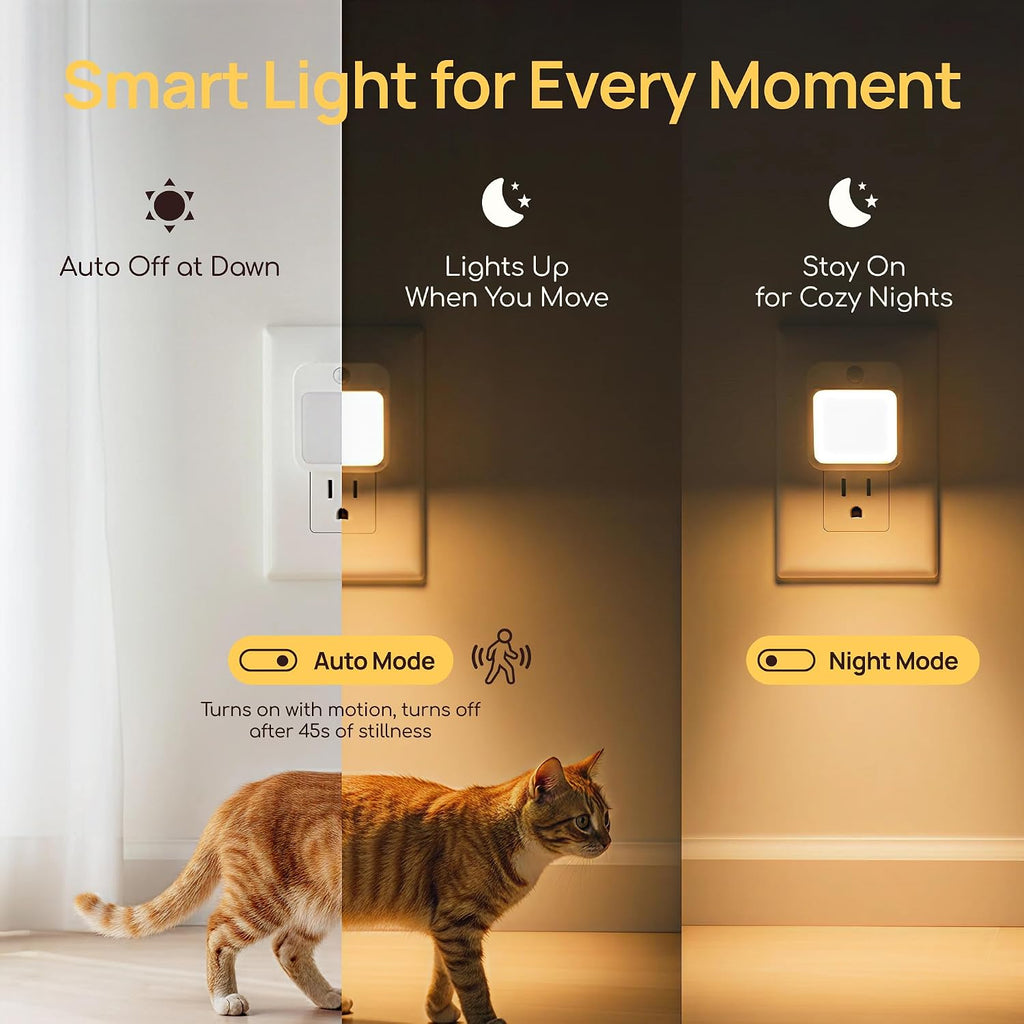 Plug-in Night Light with Motion Sensor, Dusk-to-Dawn Light Sensor, Stepless Dimming LED Night Lights for Bedroom, Hallway, Bathroom, Kids…