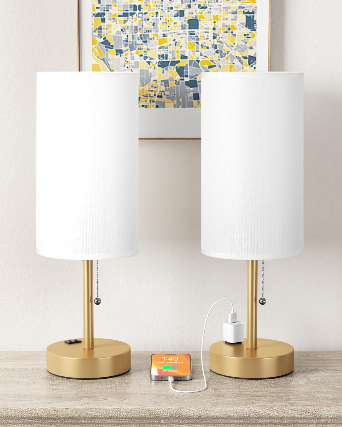 Fenmzee Plus Gold Bedside Lamps Set of 2-3 Color Temperatures Pull Chain Lamp with AC Outlet Charging Port, Round Night Stand Lamps for…