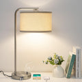 Table Lamp for Living Room, Modern Bedside Lamp with USB C+A Ports, Fully Dimmable Nightstand Lamp with Beige Drum Shade, Silver Finish…