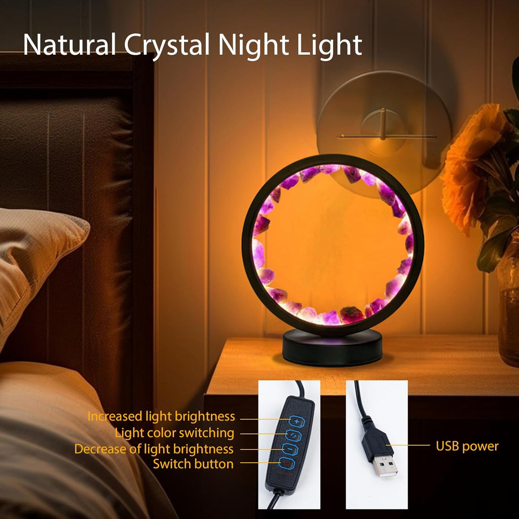 Runyangshi Amethyst Night Lamp 8.6" Natural Healing Crystal Bedside Lamp USB Port 3 Colours Dimming Mode Bedroom Lamp Suitable Night…