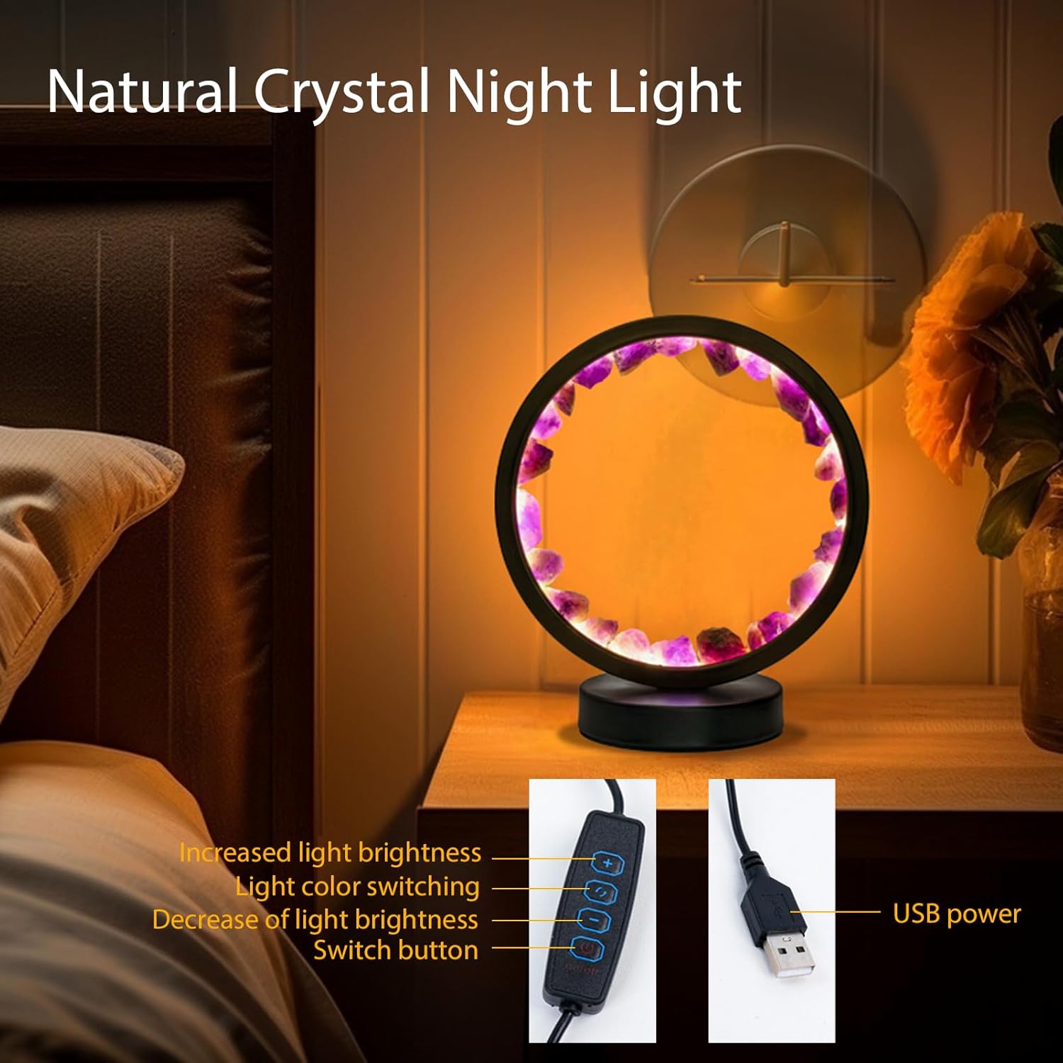 Runyangshi Amethyst Night Lamp 8.6" Natural Healing Crystal Bedside Lamp USB Port 3 Colours Dimming Mode Bedroom Lamp Suitable Night…
