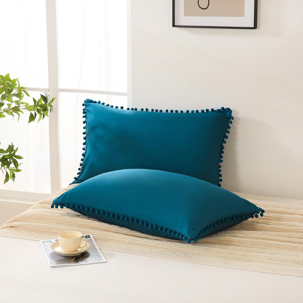 Moveover Move Over Teal Pom Poms Pillow Cases, Boho Pillowcases Set of 2, 100% Soft Washed Microfiber, Teal Blue Pillow Shams King, 2 Pack…