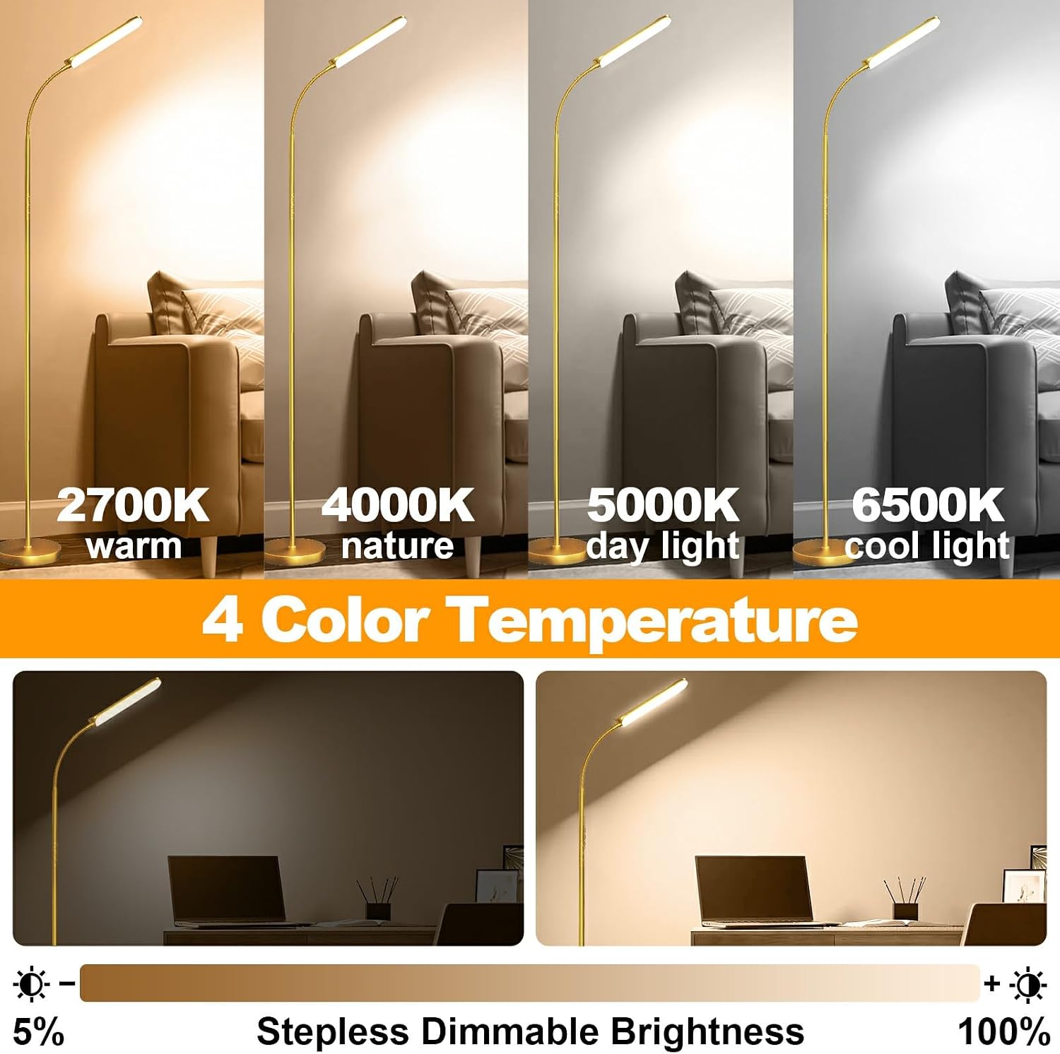 marctronic Gold Floor Lamp, 18W 1800LM Bright LED Floor Lamps for Living Room Bedroom, Dimmable Timing Eye Caring Reading Standing Lamp…