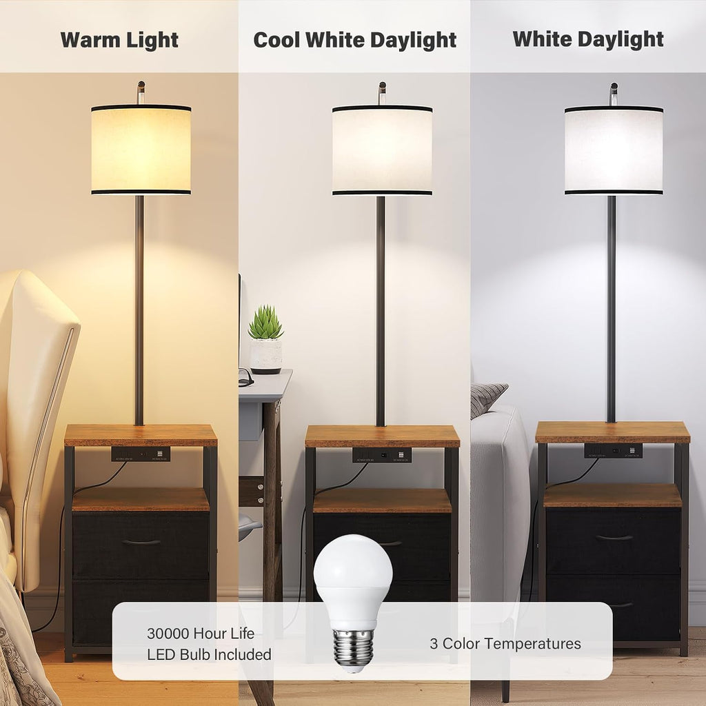 SUNMORY Floor Lamp with Table & 2 Drawers, Lamp with USB Port and Outlet, Nightstand with 3 Color Temperature Led Bulb Included, Floor…