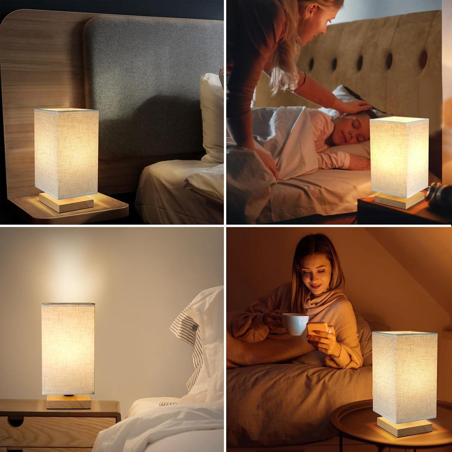 Small Square Bedside Table Lamp for Bedroom, Minimalist Wood Base & Round Fabric Shade, Mini Cute Cozy Warm Nightstand Boho Lamp, Study…
