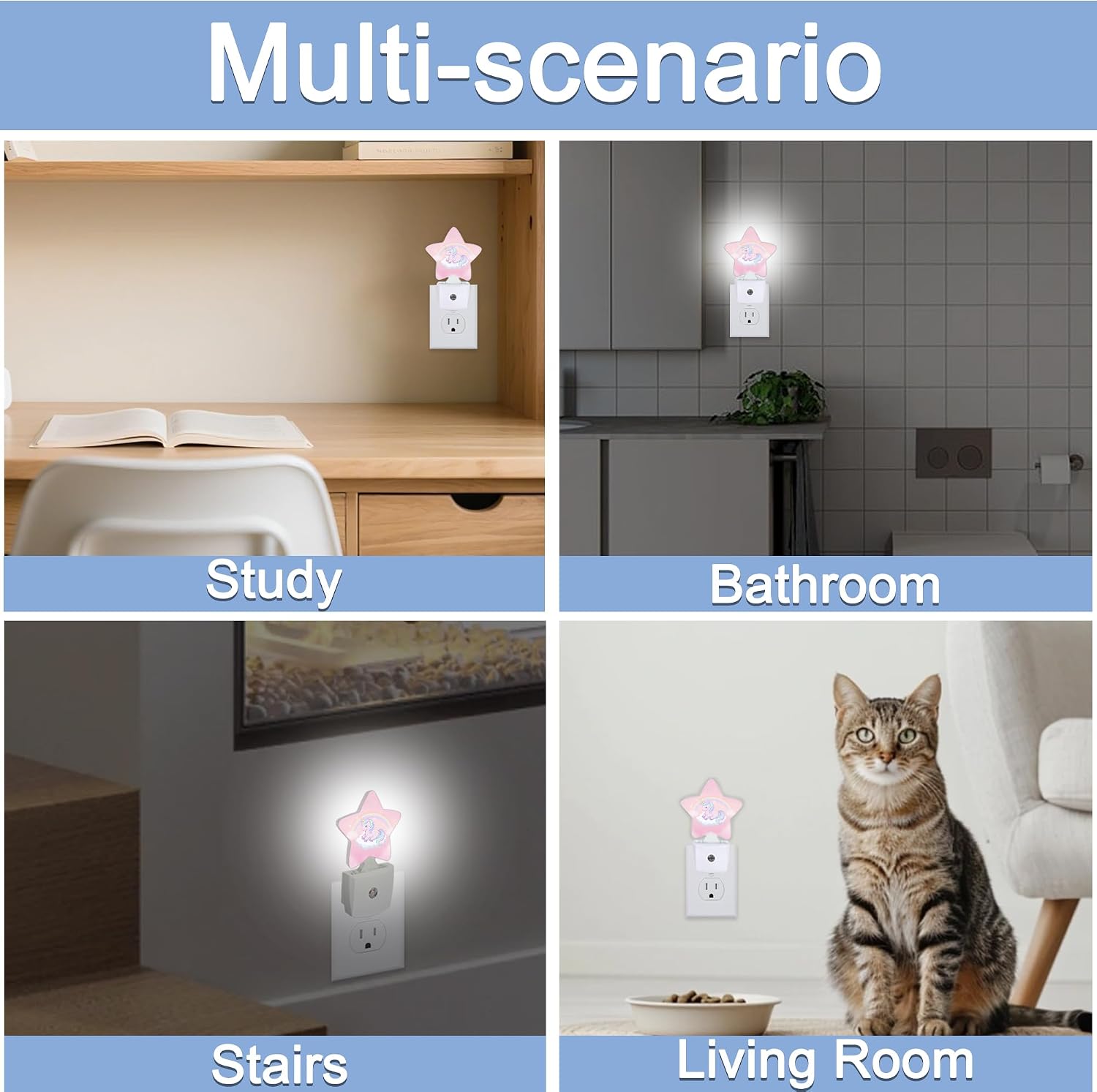 Snowmolle Rainbow Unicorn Dusk to Dawn Star Night Light, Cute Pink Sky Smart Sensor Nightlight for Bedroom Kitchen Hallway Stairs, Plug-in En…
