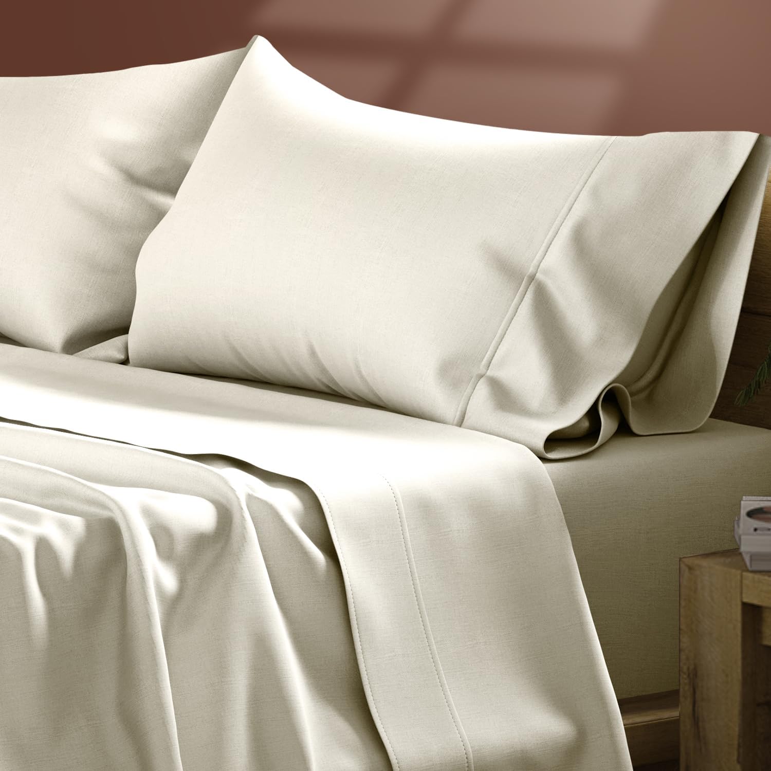 TEXAS LINEN CO. Egyptian Cotton Sheets Twin Size – 300 Series Twin Cotton Sheets Set (4 PC, Ivory), Soft & Durable, Cooling, 16" Deep…