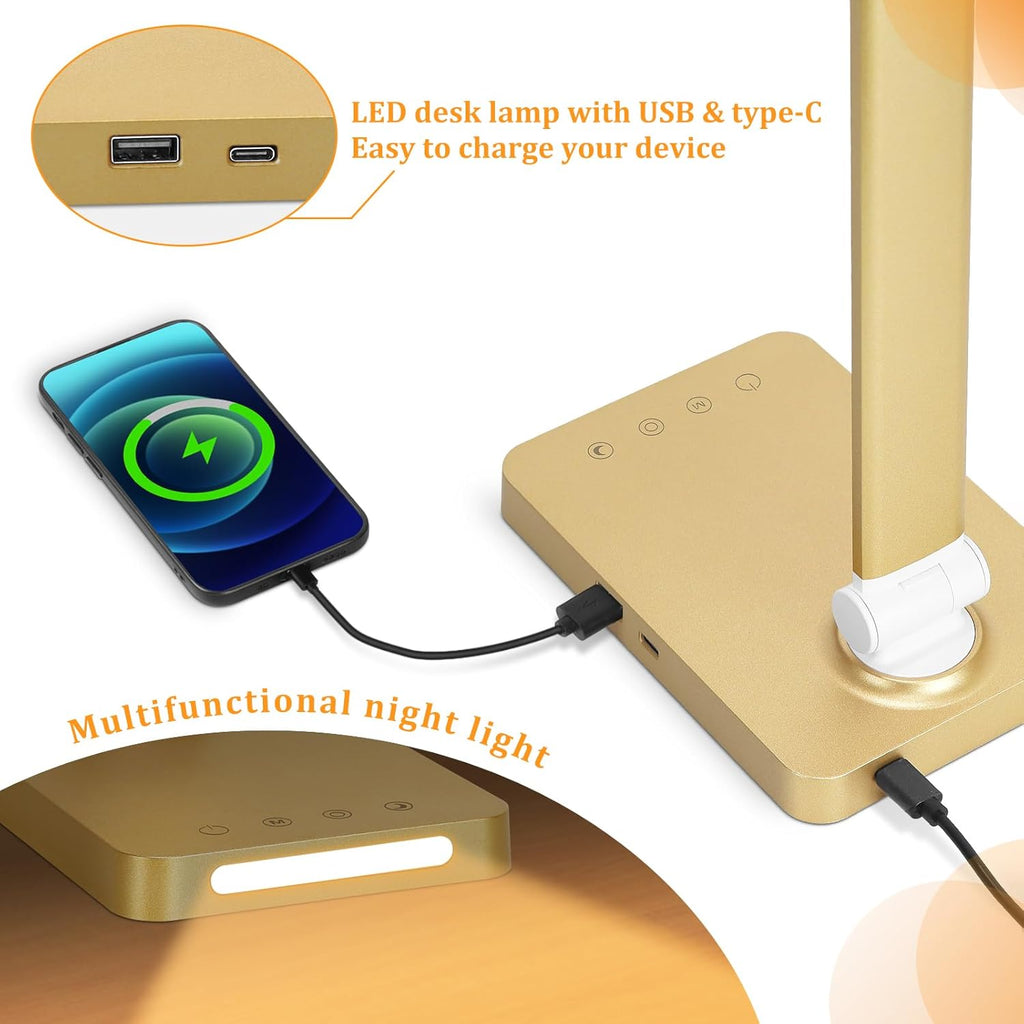 LED Desk Lamp with USB Ports, Touch Desk Lamps for Home Office with 5 Color Modes,3 Brightness Desk Light with Small Night Light, Reading…
