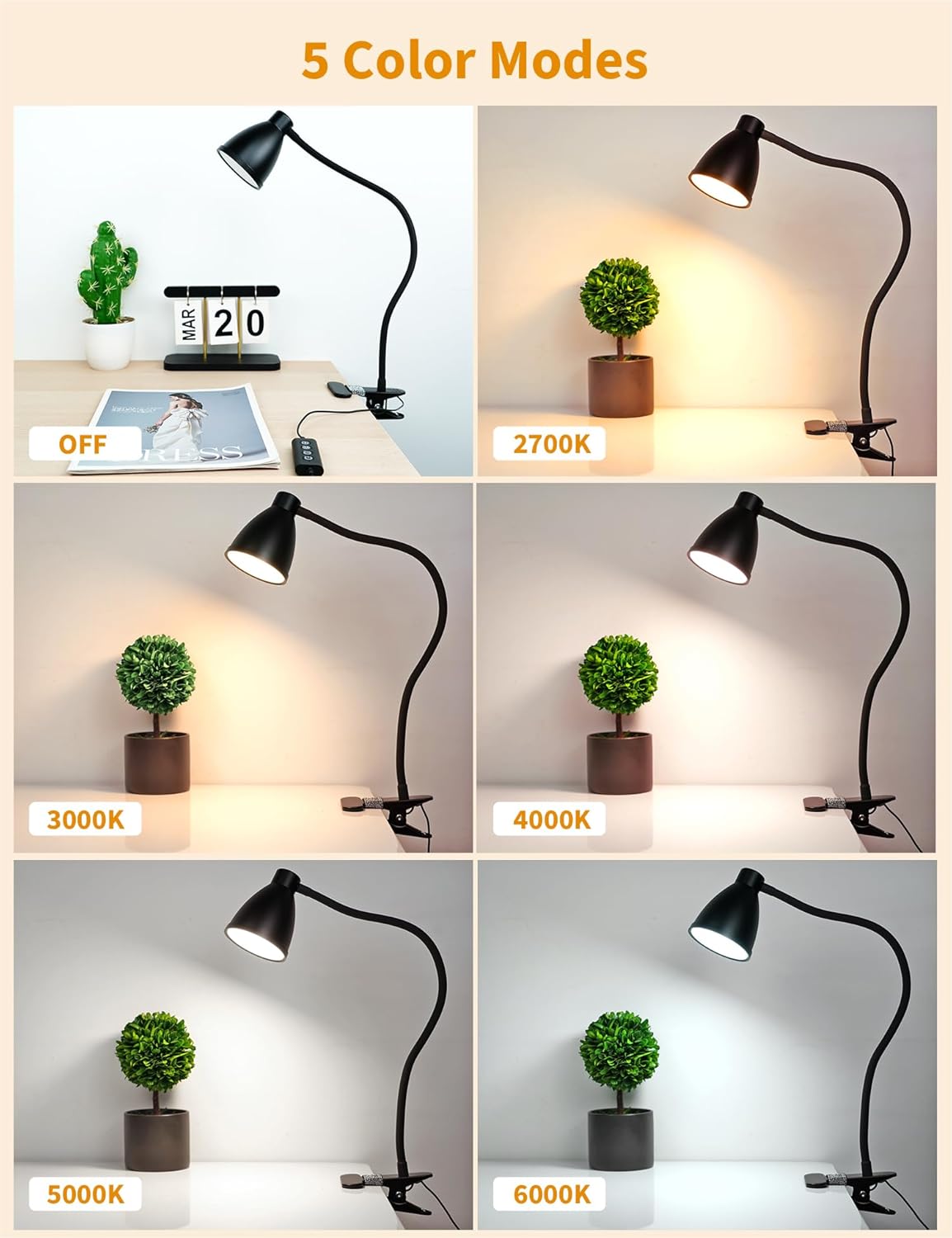 Bohon Desk Lamp 5 Color Modes 10 Brightness Dimmer Reading Light 10W 38 LED Clamp Lamp with Auto Off Timer 360° Flexible Neck Clip on Light…