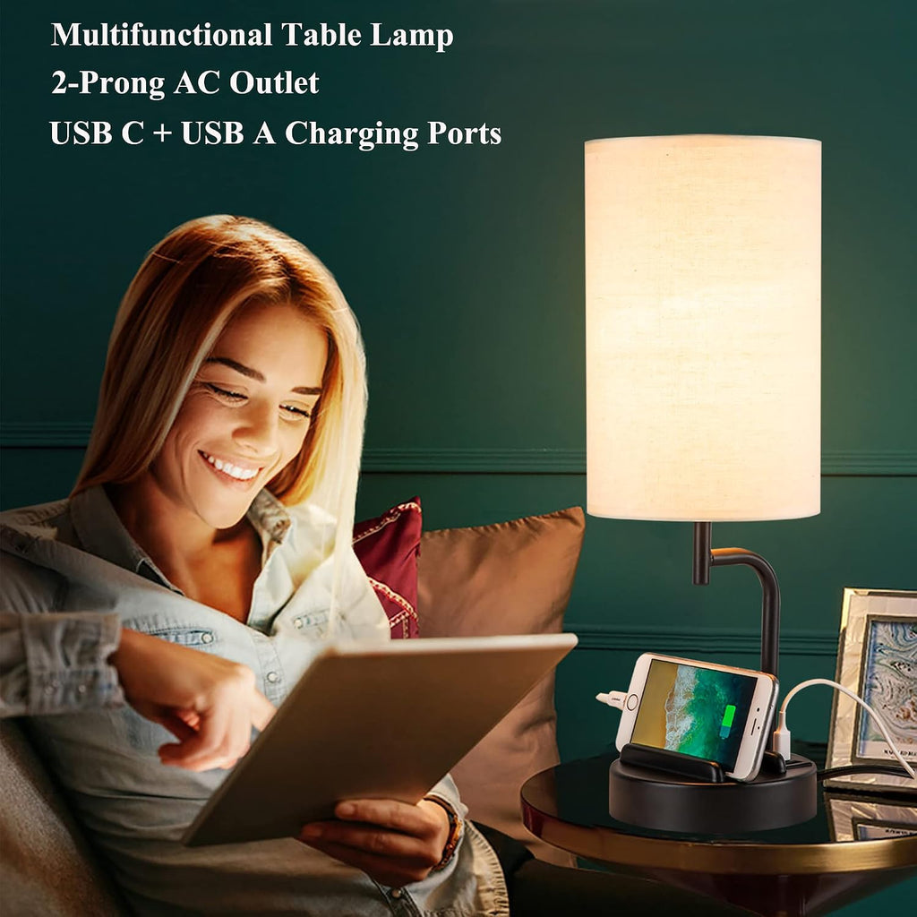 Dreamholder Touch Control USB Table Lamp, Upgraded 3-Way Dimmable Bedside Desk Lamp with USB C & A Charging Ports and AC Outlet…