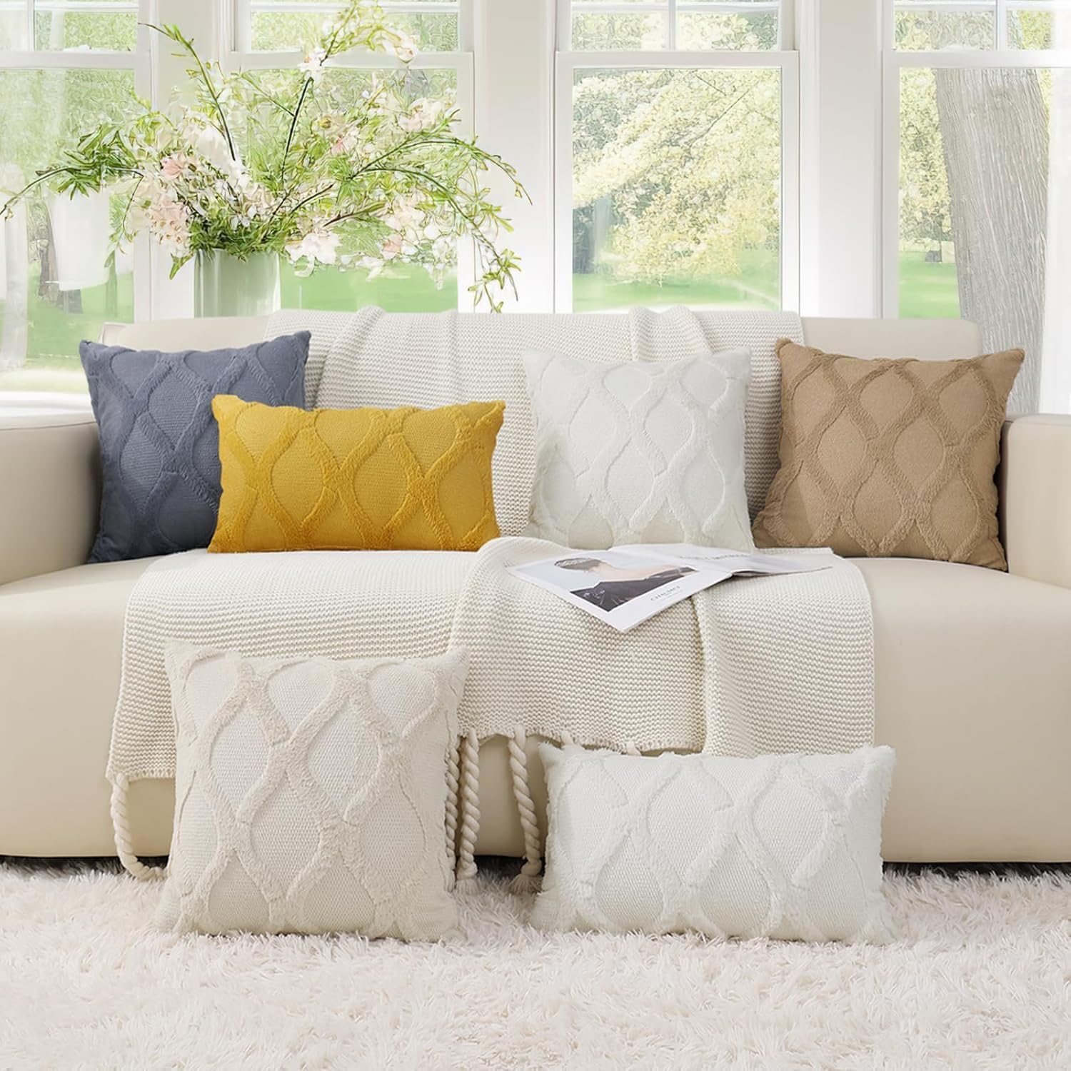 decorUhome Summer Throw Pillow Covers 12x20 Inch Set of 2, Soft Plush Faux Fur Wool Lumbar Cream White Accent Couch Pillow Covers for Moder…
