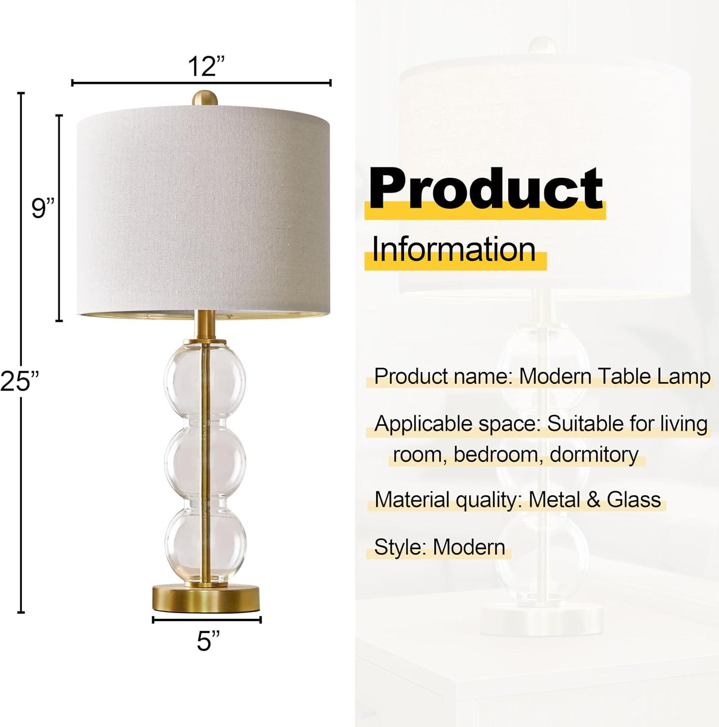 Oneach 25" Glass Table Lamps Set of 2, Gold Modern Table Lamps with USB Ports for Living Room, Linen Shade Bedside Lamps for Bedroom, Night…