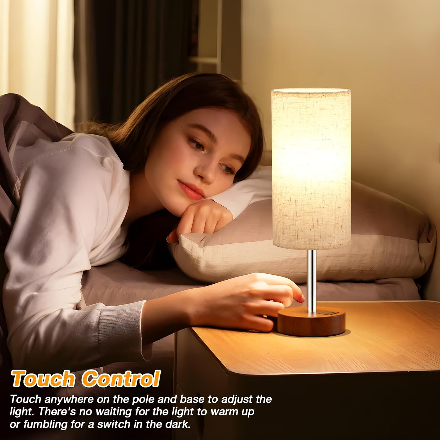 Dicoool Touch Bedside Table Lamp with USB - 3 Way Dimmable Redwood Lamps for Bedroom Nightstand, Desk Lamp with Charging Station for…
