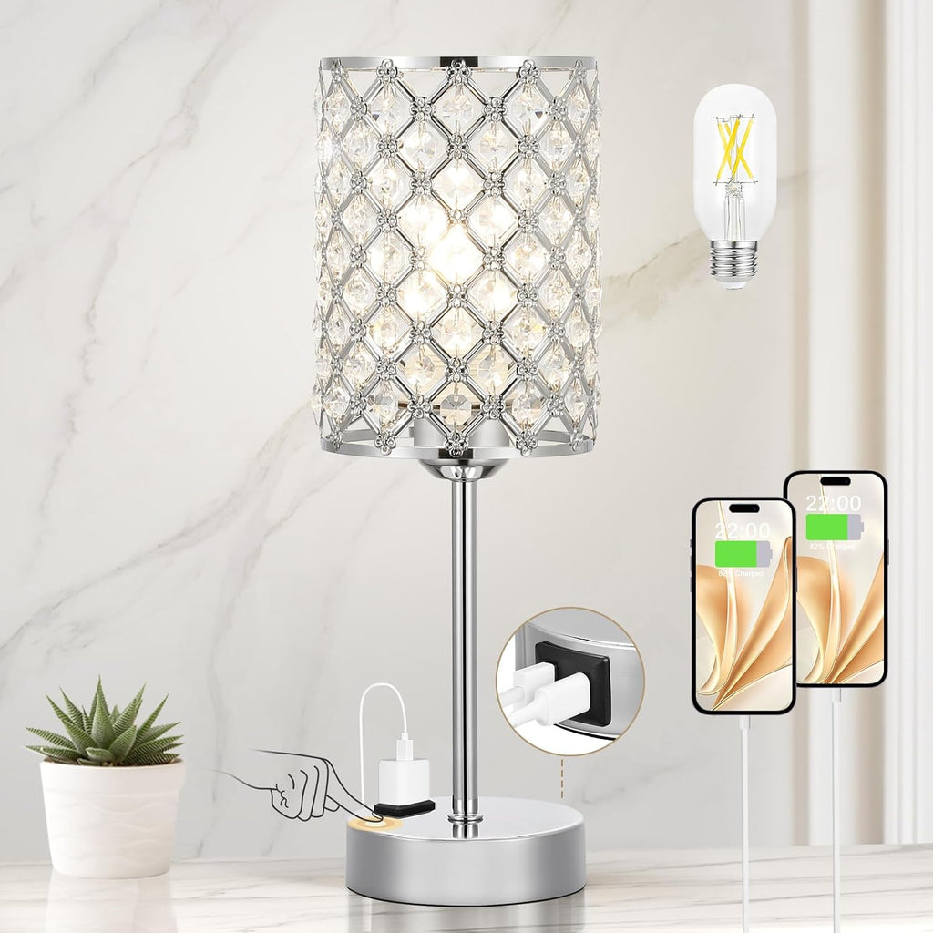 Hong-in Crystal Table Lamp, Crystal Lamp Touch Control with USB-C USB-A Charging Ports & AC Outlets, 3 Way Dimmable Bedside…