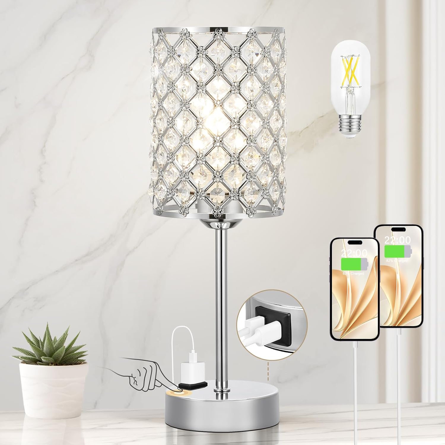 Hong-in Crystal Table Lamp, Crystal Lamp Touch Control with USB-C USB-A Charging Ports & AC Outlets, 3 Way Dimmable Bedside…