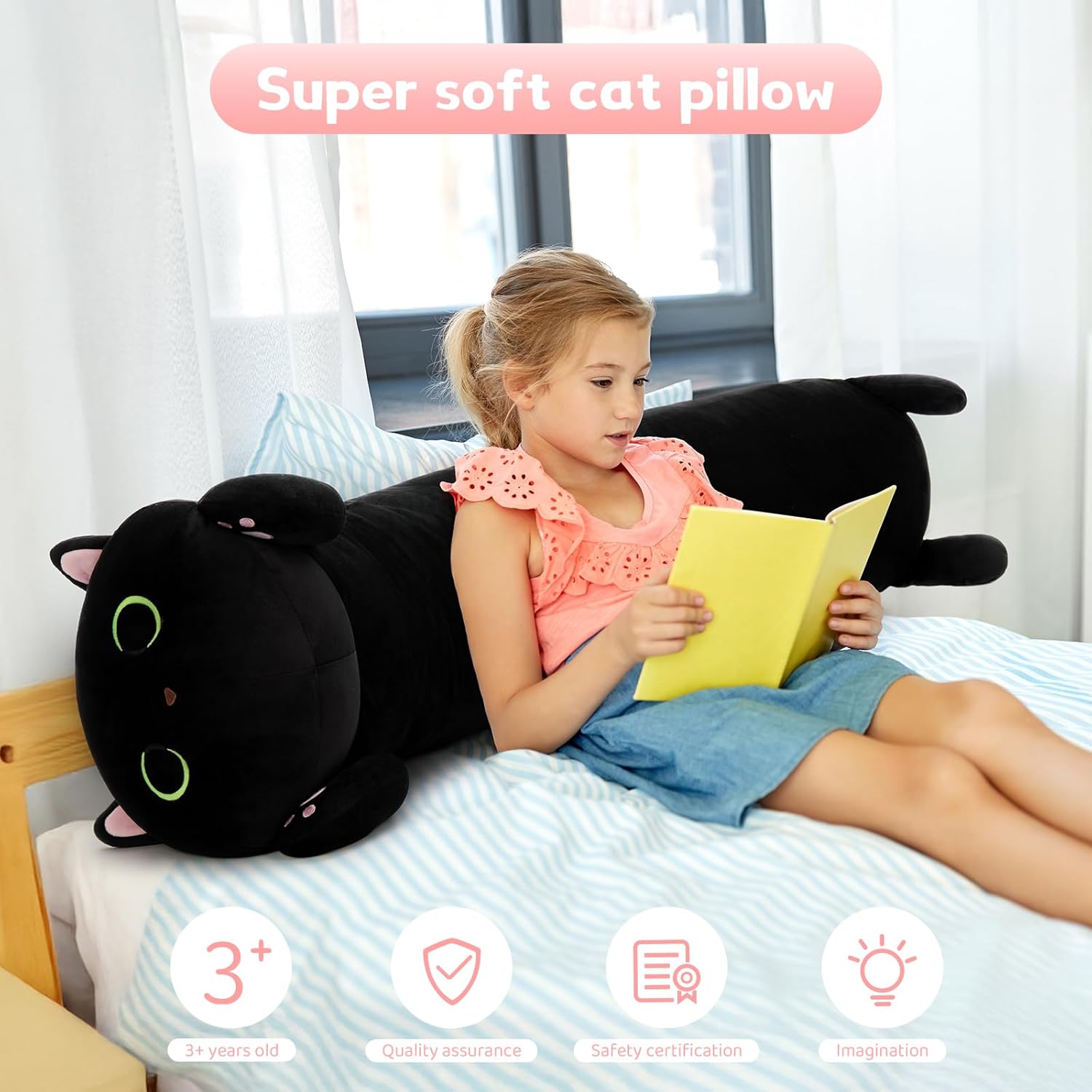 MaoGoLan Black Cat Plush Body Pillow, 44'' Giant Glow in The Dark Cat Stuffed Animal Toy for Girl Boy Kid, Big Cute Kitten Plush Throw…