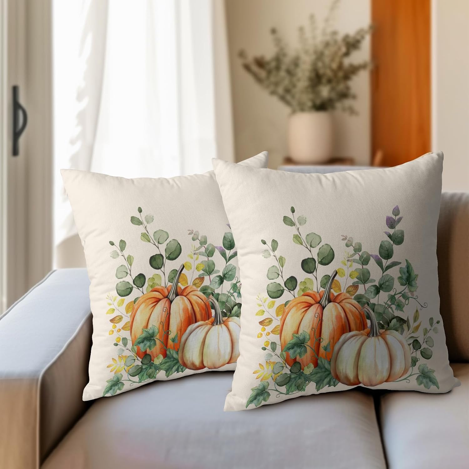 Fall Throw Pillow Cover 16x16 Inch Pack of 2 Autumn Watercolor Pumpkin Sage Green Leaf Outdoor Pillow Protector Thanksgiving Sofa Cotton…