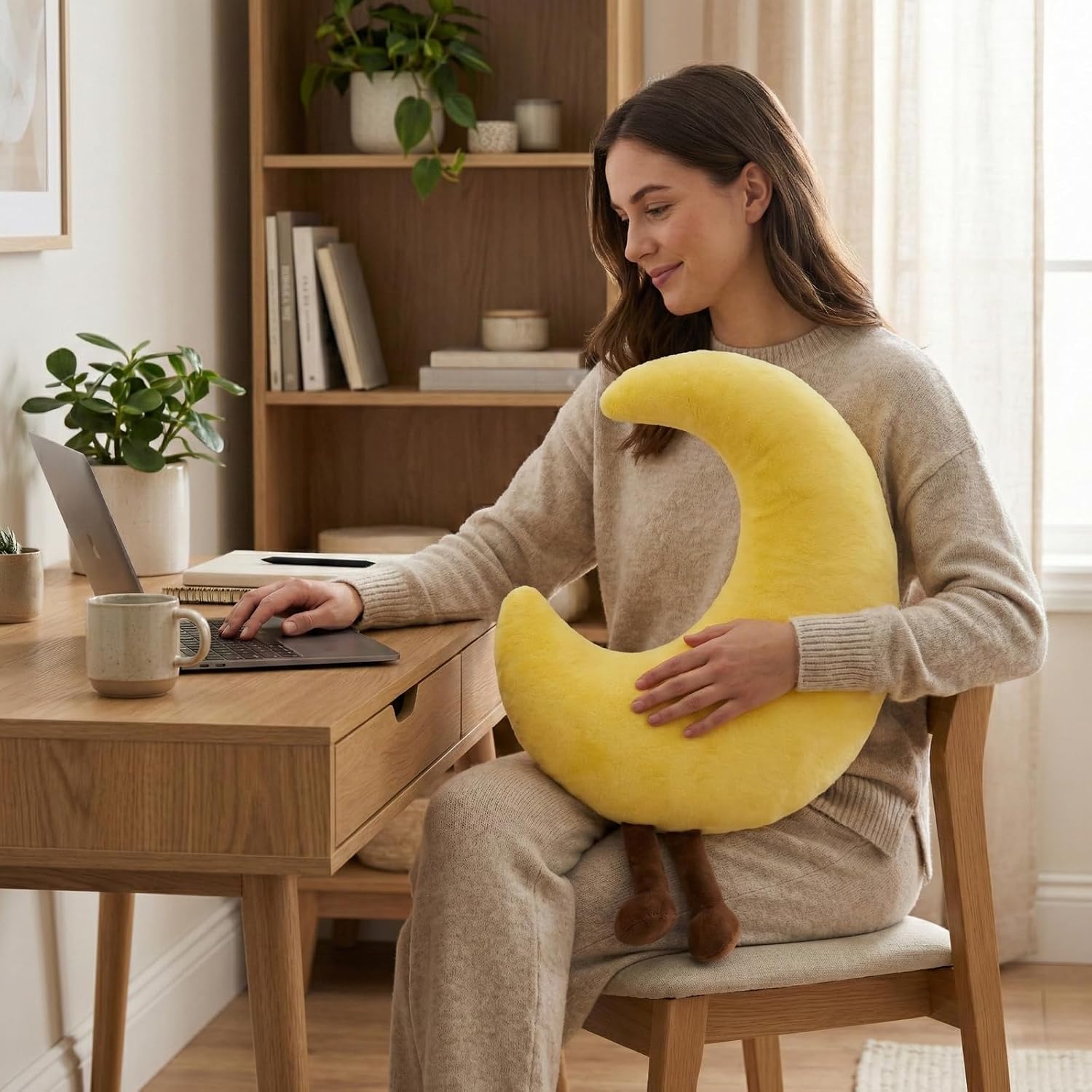 WEIGEDU Crescent Moon Stuffed Animal Plush Toy Cute Yellow Body Pillow with Legs Soft Celestial Theme Gift for Kids Baby Nursery Decor 22…