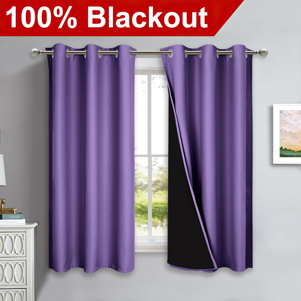 Nicetown 100% Blackout Curtains with Black Liners, Solid Thermal Insulated Full Blackout 2-Layer Lined Drapes, Energy Efficiency Window Dra…