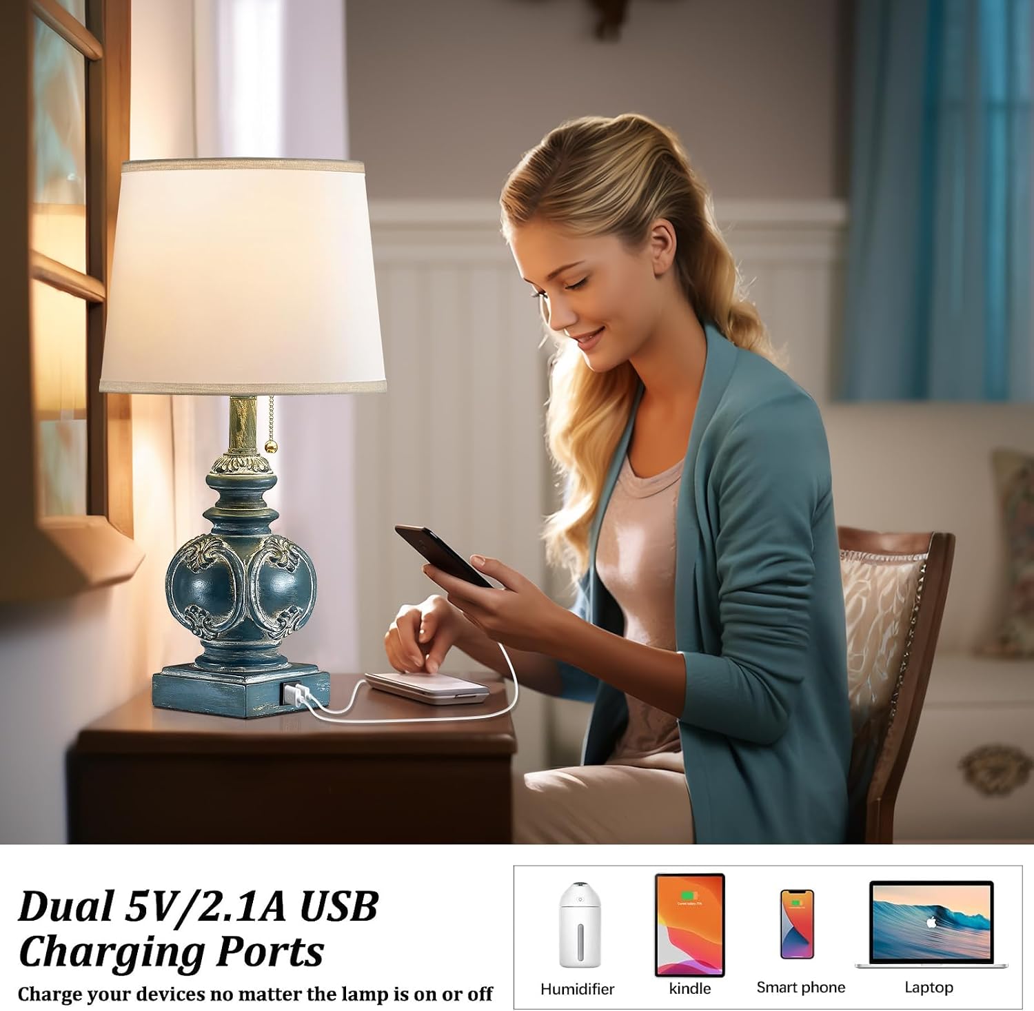 20.75" Farmhouse Table Lamps for Bedroom Set of 2, Rustic Bedside Lamps with 2 USB Port, Retro side table lamp Antique Nightstand Lamp…