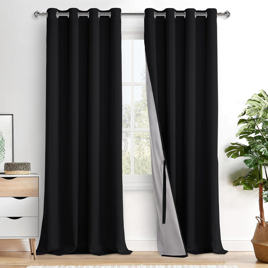 Xwzo 100% Blackout Curtains 95 Inches Long with Tiebacks- Privacy Protection & Noise Blocking Window Draperies Grommet Top with Black Liner…