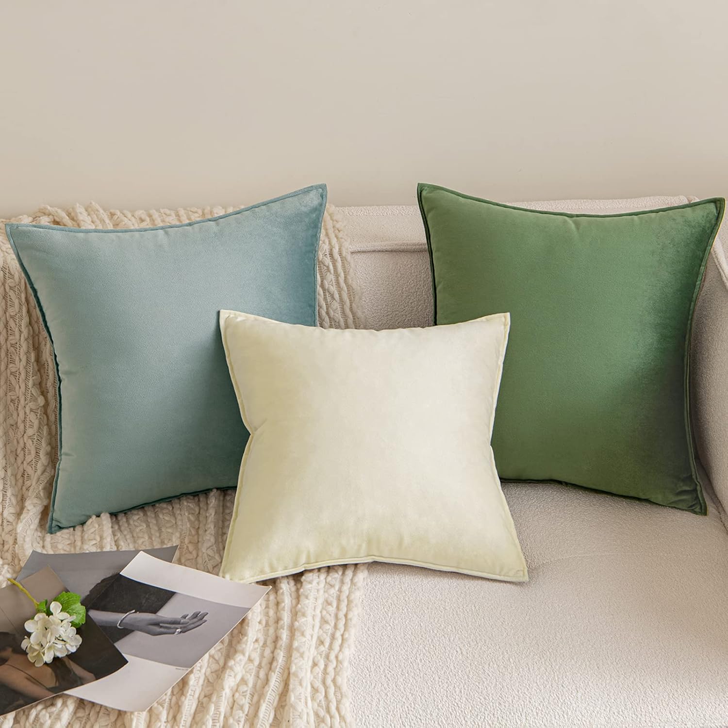 Miulee Moss Green Velvet Throw Pillow Covers 24x24 Soft Summer Decorative Solid Square Euro Sham Cushion Cases Pack of 2 Modern Luxury Home…