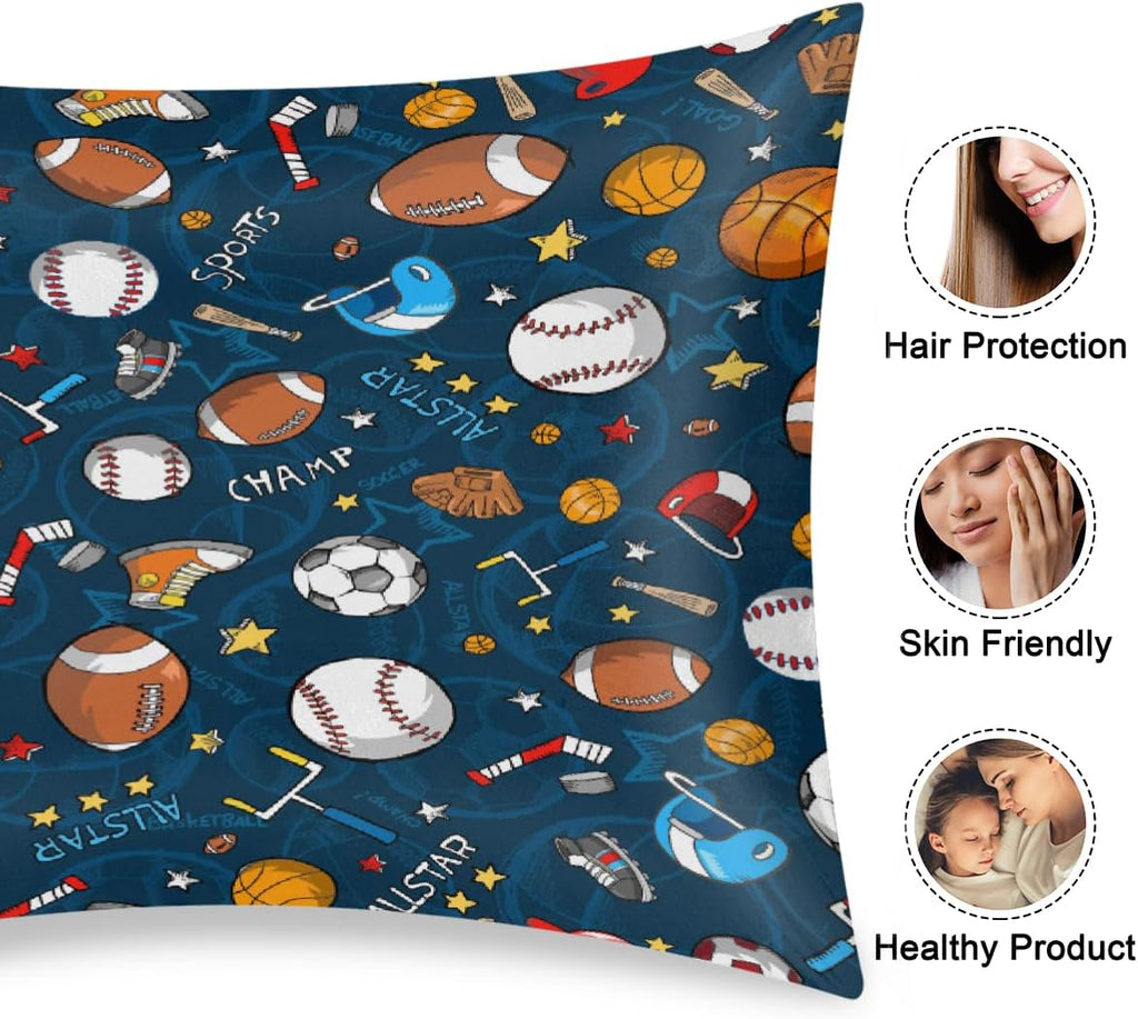 Satin Pillowcase for Hair and Skin Cartoon Baseball Football Sport Soft Silk Pillow Case with Envelope Closure Cooling Pillow Cases Slip…