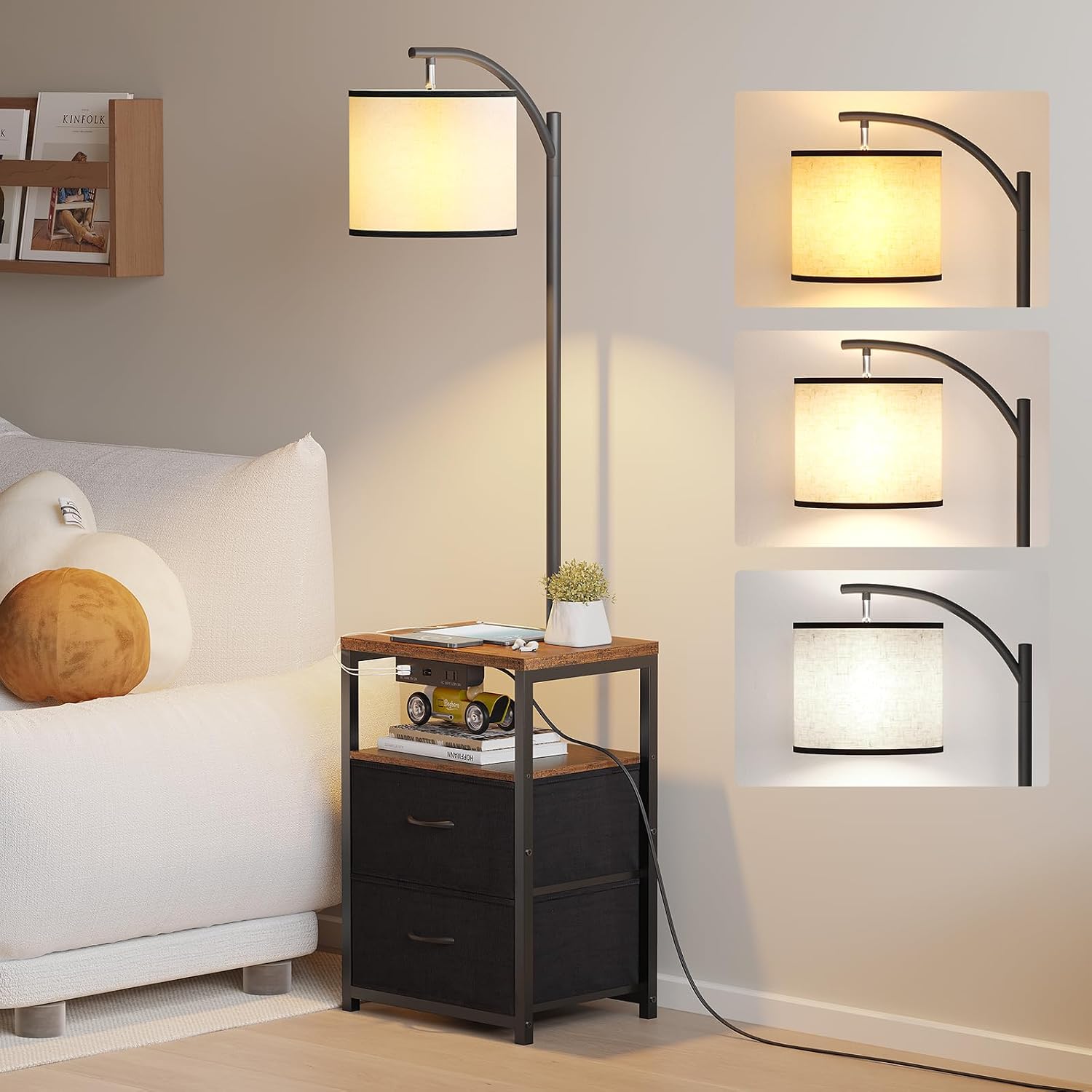 SUNMORY Floor Lamp with Table & 2 Drawers, Lamp with USB Port and Outlet, Nightstand with 3 Color Temperature Led Bulb Included, Floor…