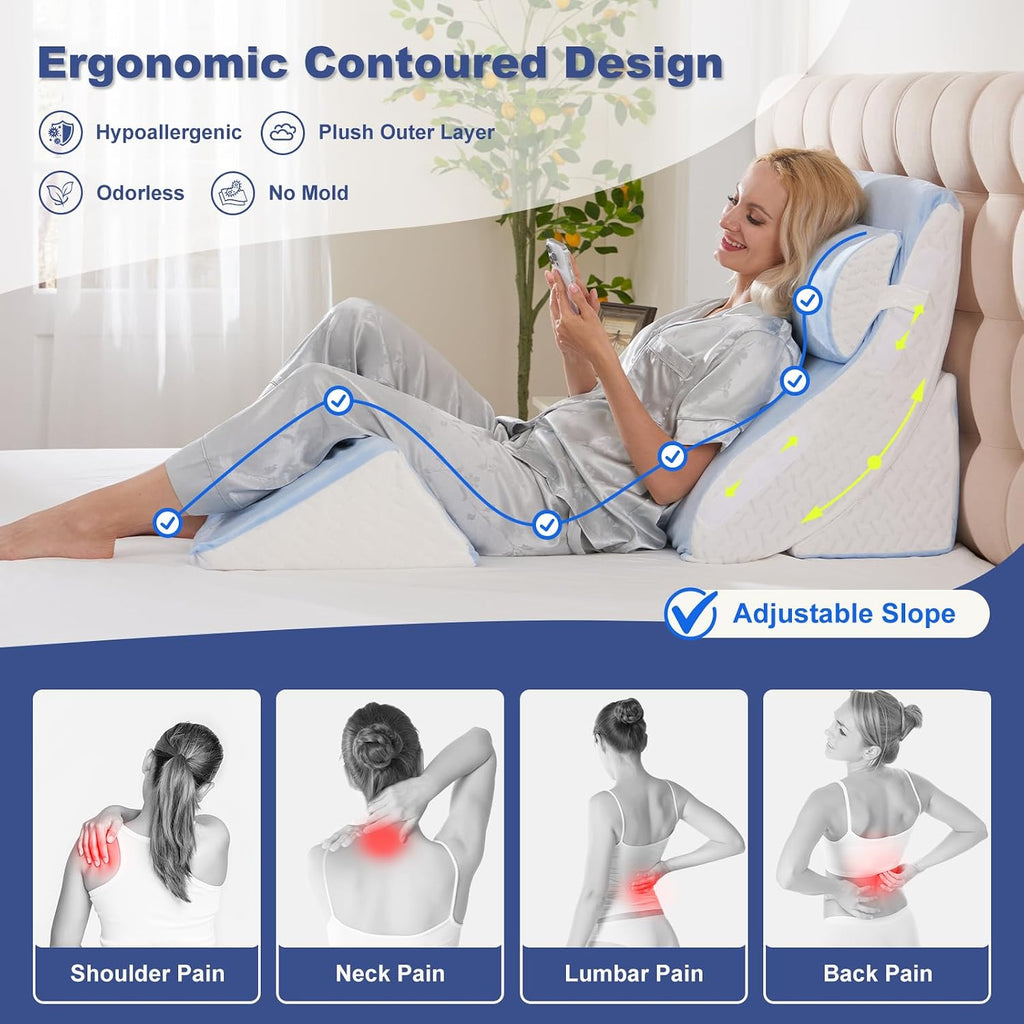 WSOFRLAC 4PCS Bed Wedge Pillow for Sleeping and Sitting Up, Orthopedic Memory Foam Pillow Set for Back Pain, Post Surgery Recovery, Acid…