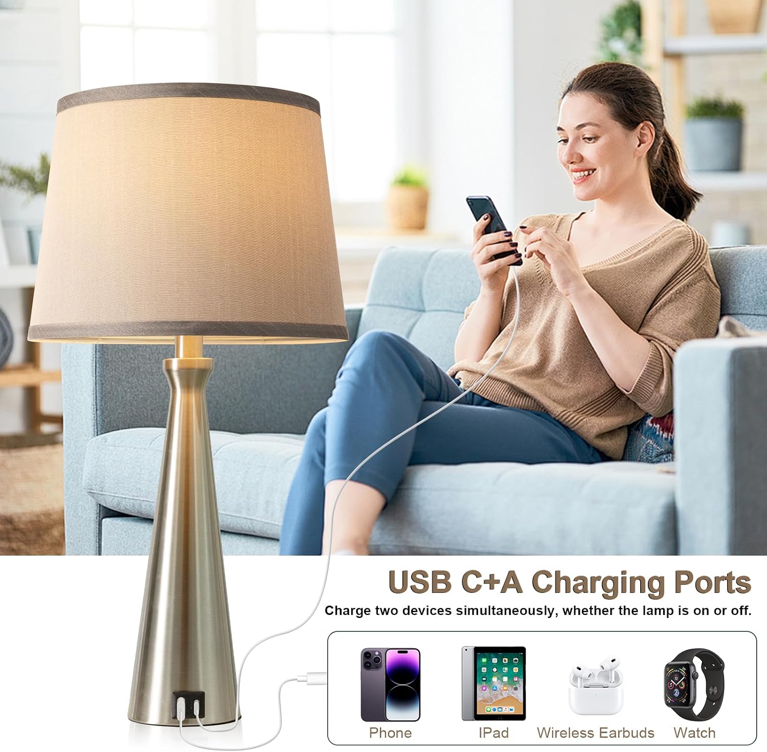 Seealle Modern Table Lamps Set of 2 - Touch Bedside Lamp for Nightstand with Dual USB C+A,3-Way Dimmable Silver Nightstand Lamps for…