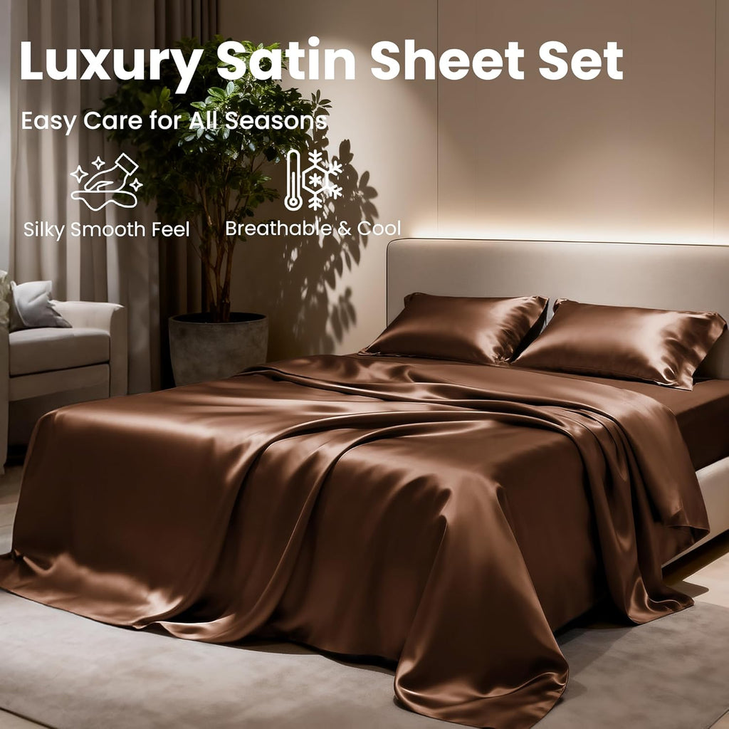 Lovescabin Love's cabin 4Piece California King Satin Bed Linen Set, Brown Silky Satin Sheets, Deep Pocket, Luxury Silk Feel, 1 Flat, 1 Fitt…