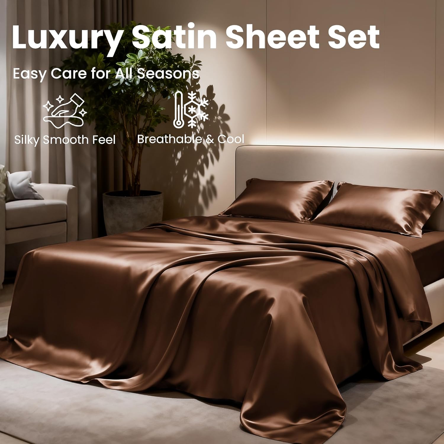 Lovescabin Love's cabin 4Piece California King Satin Bed Linen Set, Brown Silky Satin Sheets, Deep Pocket, Luxury Silk Feel, 1 Flat, 1 Fitt…