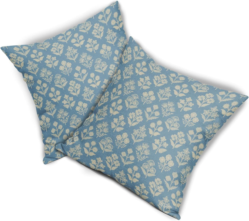 Light Blue Floral Block Print Pillow Covers 20x20 Inch Set of 2, Vintage Flower Pattern Decorative Throw Pillowcases Outdoor Farmhouse…