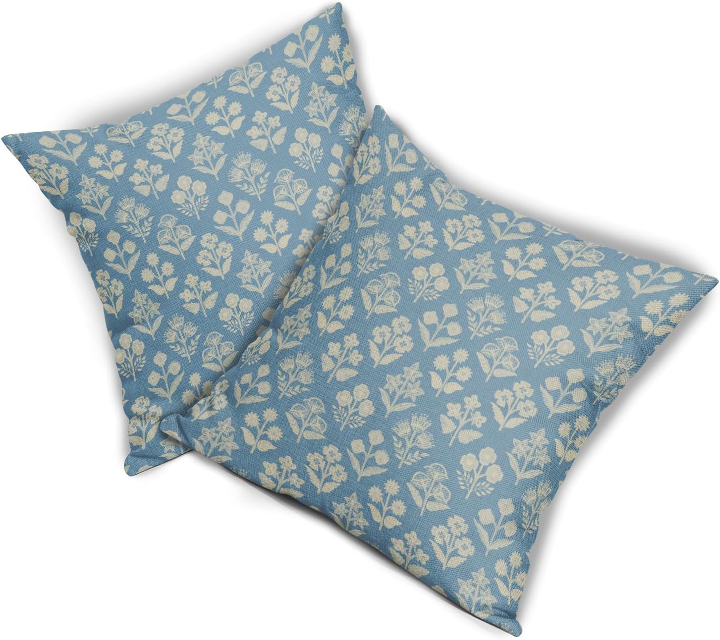 Light Blue Floral Block Print Pillow Covers 20x20 Inch Set of 2, Vintage Flower Pattern Decorative Throw Pillowcases Outdoor Farmhouse…