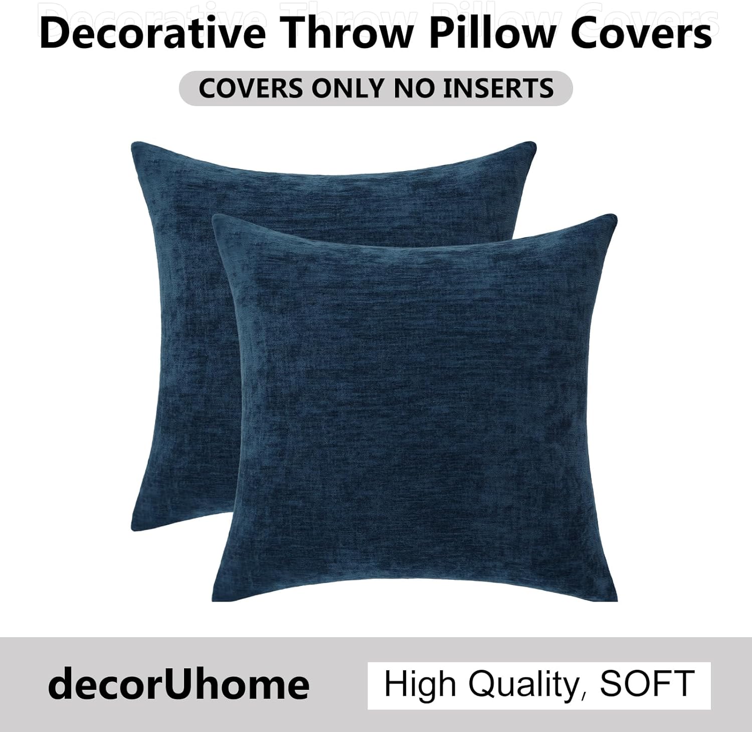 decorUhome Chenille Navy Blue Summer Throw Pillow Covers 20x20 Inch Set of 2, Decorative Soft Couch Pillow Covers Solid Dyed Accent Farmhou…
