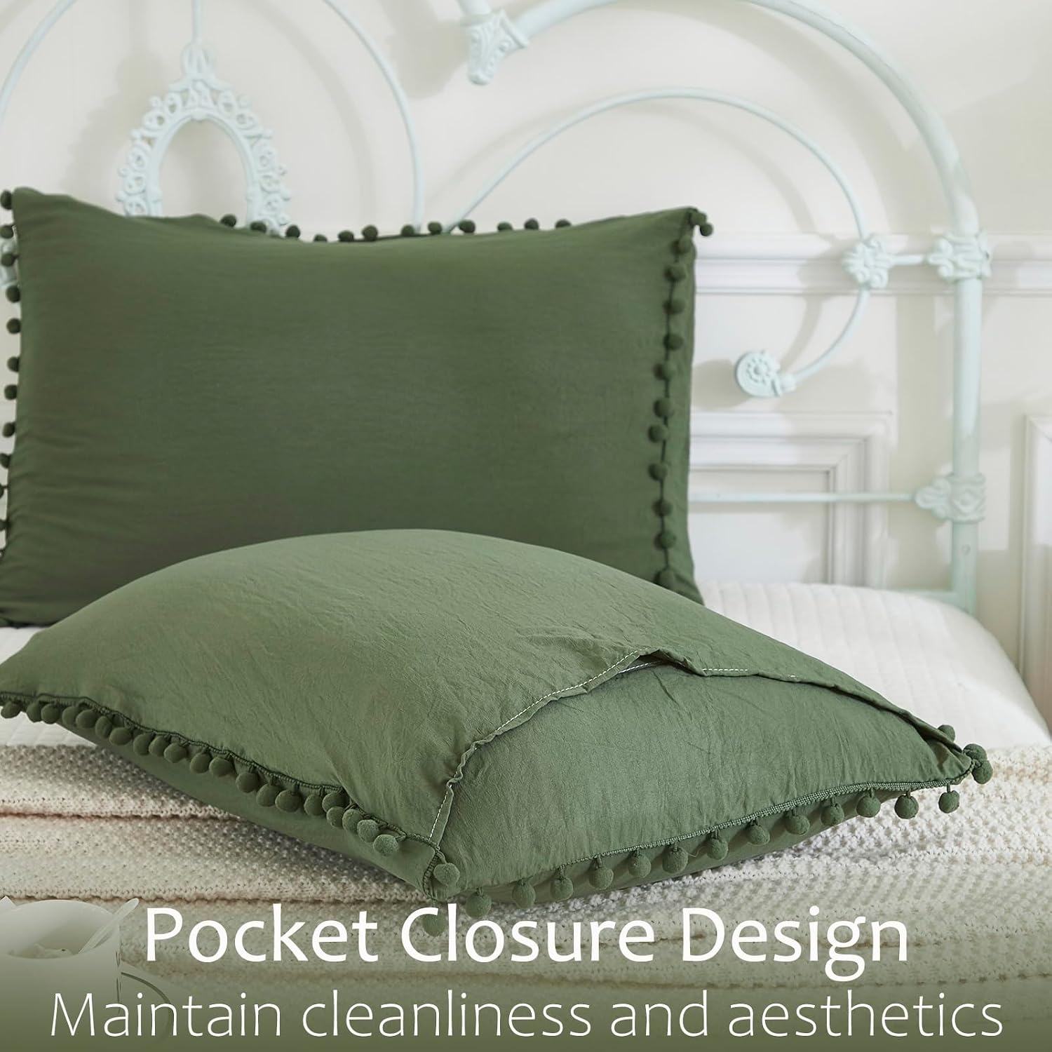Moveover Dark Green Pom Poms Pillowcases, Green Standard Pillow Cases Set of 2, 100% Washed Microfiber, Bronze Green Ball Fringe Pillow Cov…