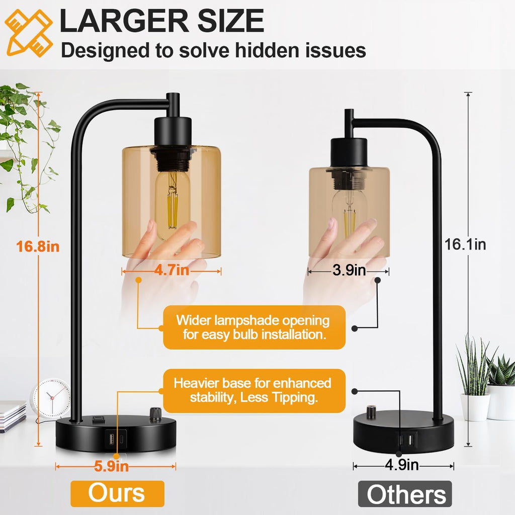 Lynnoland Set of 2 Industrial Table Lamps with USB C+A Ports and Outlet, Black Nightstand Lamps with Amber Glass Shade for Reading Living…