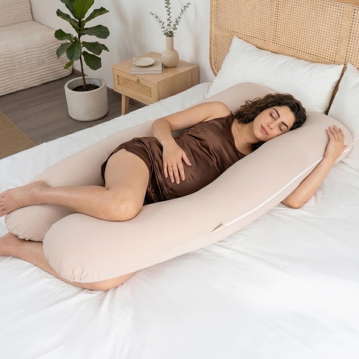 Queenrose QUEEN ROSE U Shaped Pregnancy Pillow, Breathable Cotton Full Body Support for Maternity, Ivory Cotton