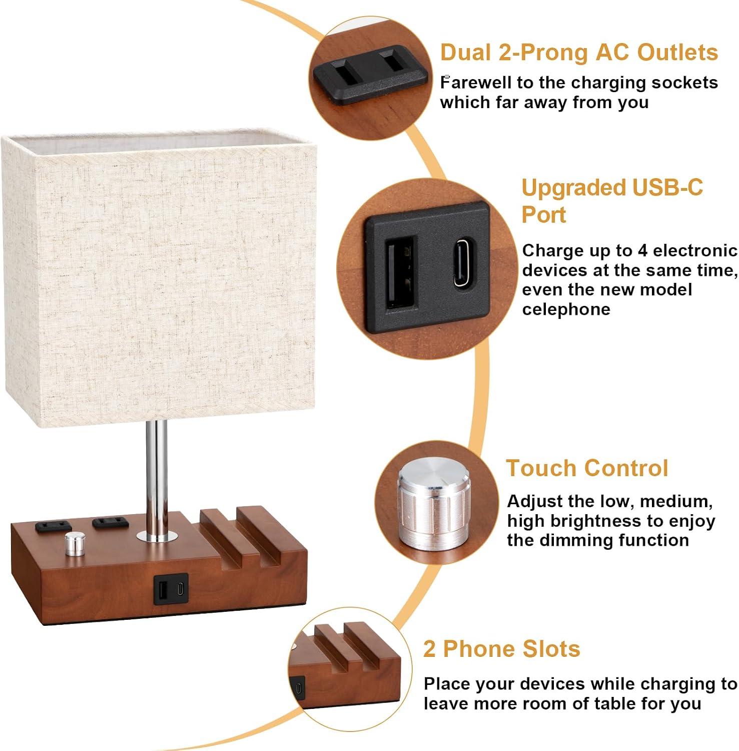 Kakanuo Fully Dimmable Nightstand Lamp for Bedroom with USB C Ports, Small Bedside Table Lamp with Charging Outlets and Phone Stands…