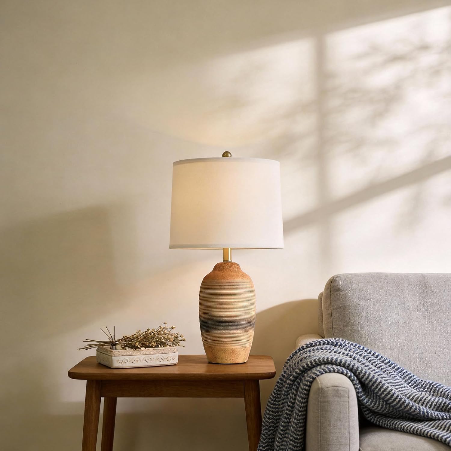 USumkky 24.5" Handcrafted Ceramic Table Lamp with 5FT Cord, Single Farmhouse Vintage Rustic Bedside Lamp for Living Room Bedroom, Linen Sha…