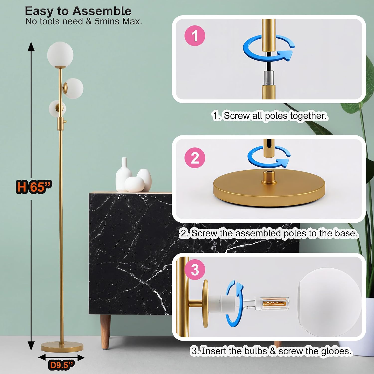 Fiqevs Dimmable 3 Globe Floor Lamp - Mid Century Modern Gold Standing Lamp with Frosted Glass Shade & LED Bulbs for Living Room, Bedroom…