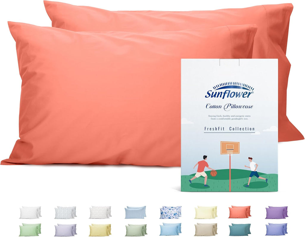 Sunflower Queen Pillowcases Set of 2, 100% Cotton Queen Size Pillow Cases 2, 20×30 inches Coral, Soft and Breathable