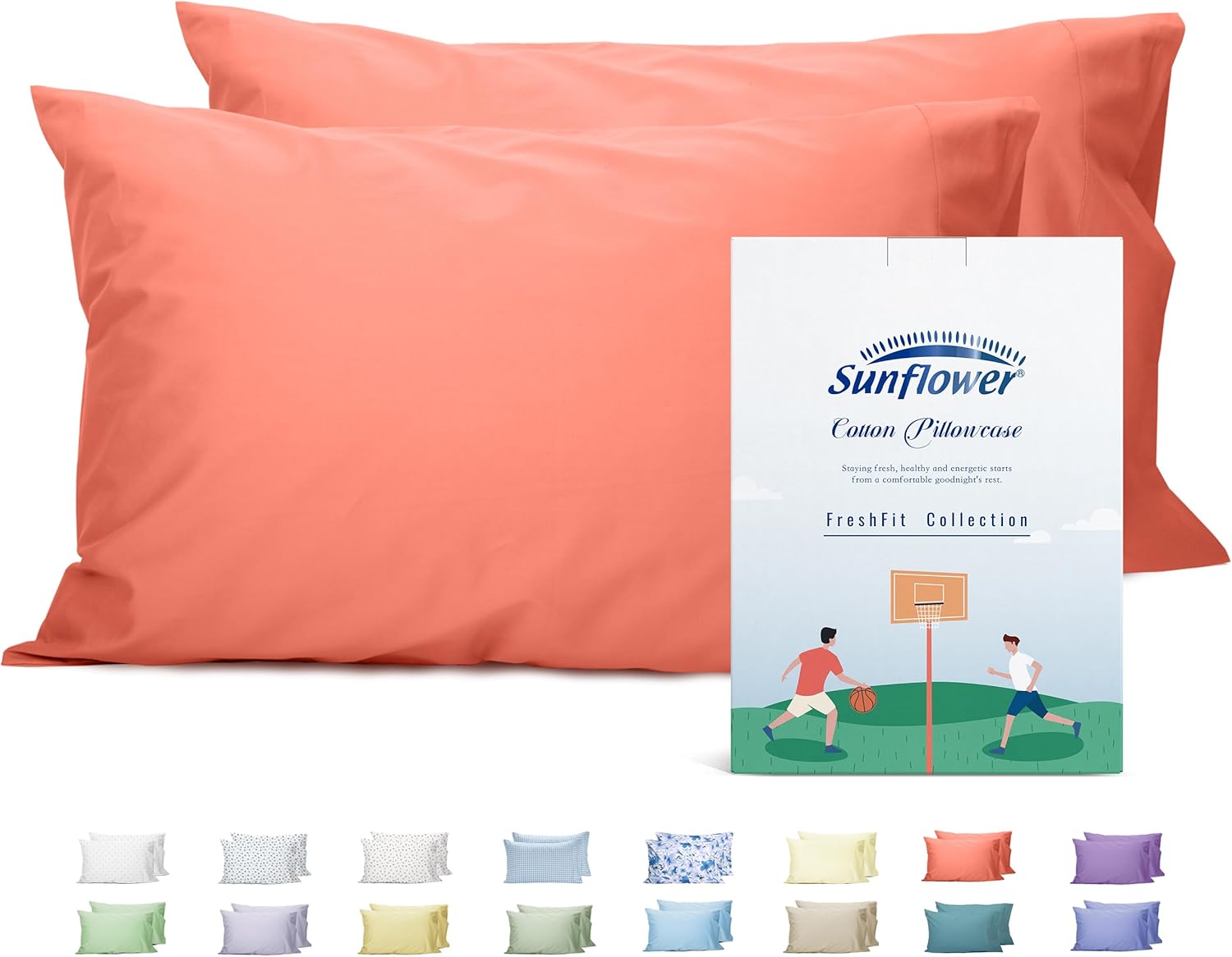 Sunflower Queen Pillowcases Set of 2, 100% Cotton Queen Size Pillow Cases 2, 20×30 inches Coral, Soft and Breathable